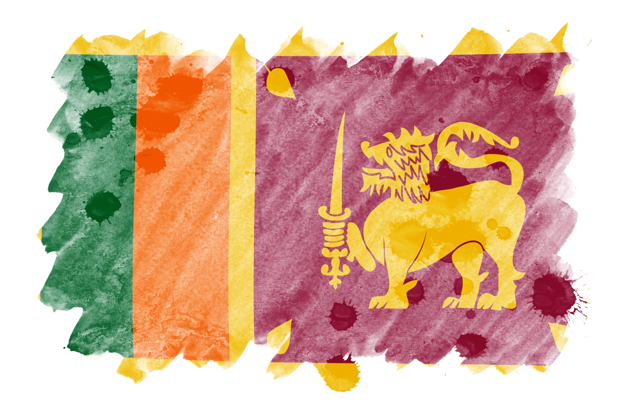 Sri Lanka flag is depicted in liquid watercolor style isolated on white background